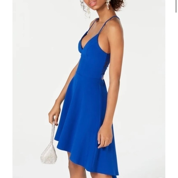 B DARLIN Dress V Neck High Low Lace Cutout Back Royal Blue Junior Size 15/16 - Picture 3 of 14
